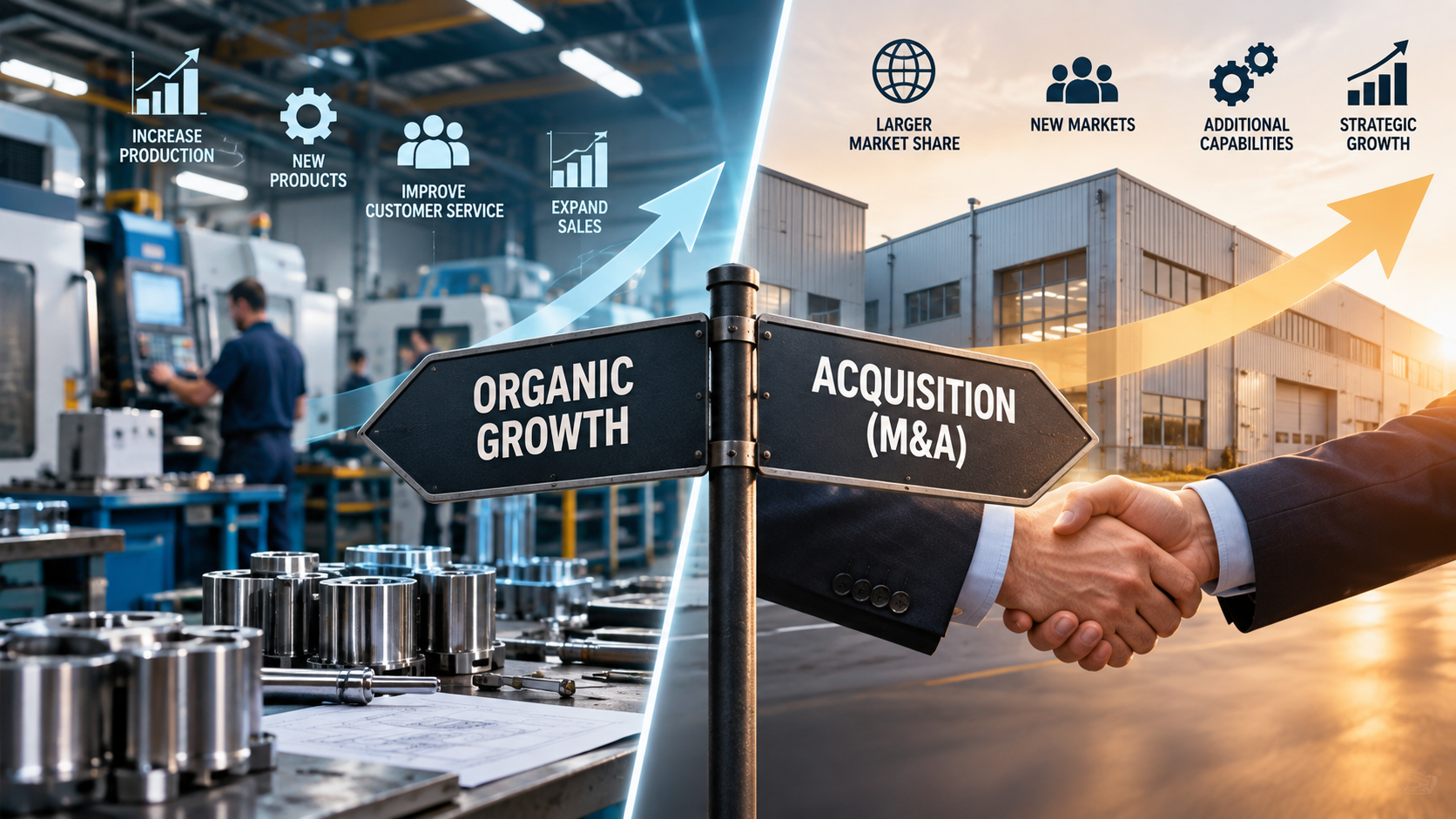 Manufacturing growth concept comparing organic expansion through increased production with acquisition-driven growth through M&A.