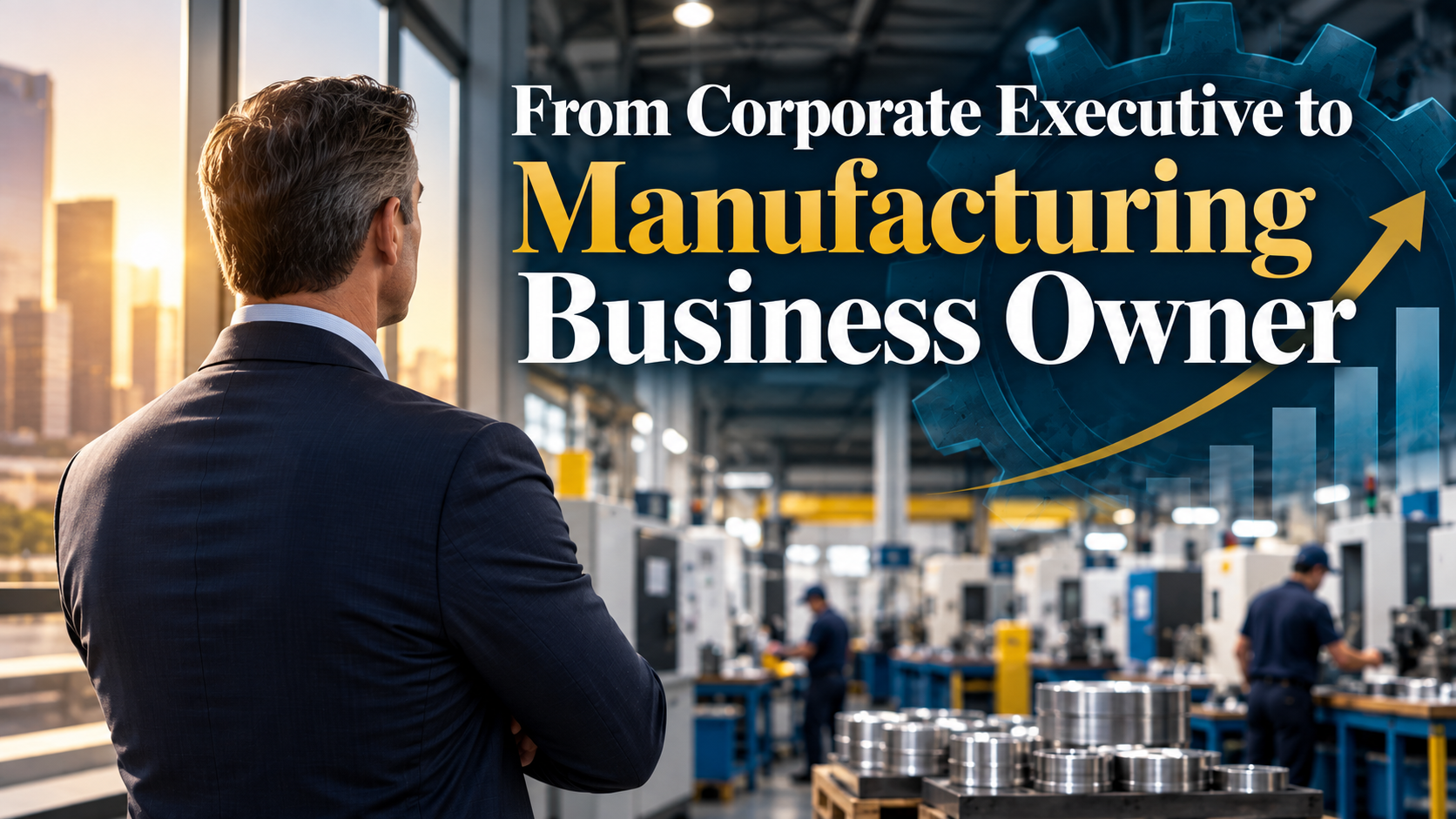 Corporate executive overlooking a modern manufacturing facility while considering the transition to manufacturing business ownership.