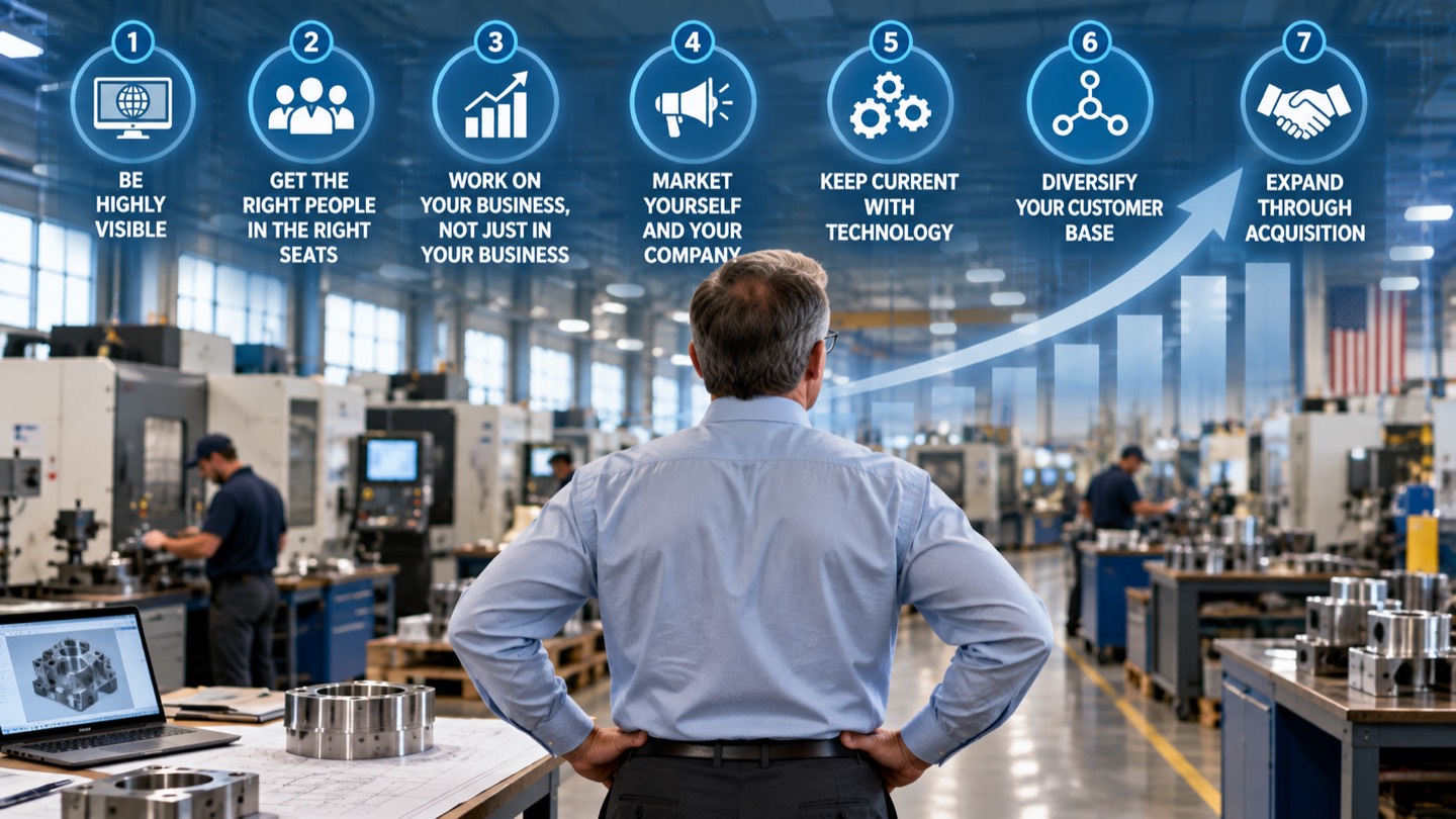 Manufacturing business owner overlooking a modern CNC facility with seven strategies representing visibility, leadership, technology, diversification, and growth.