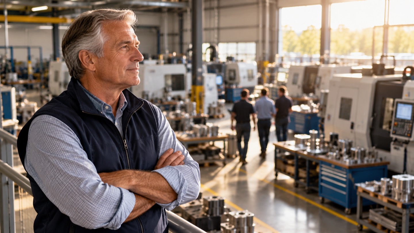 Manufacturing business owner overlooking a modern machine shop while preparing for retirement and the future sale of his company.