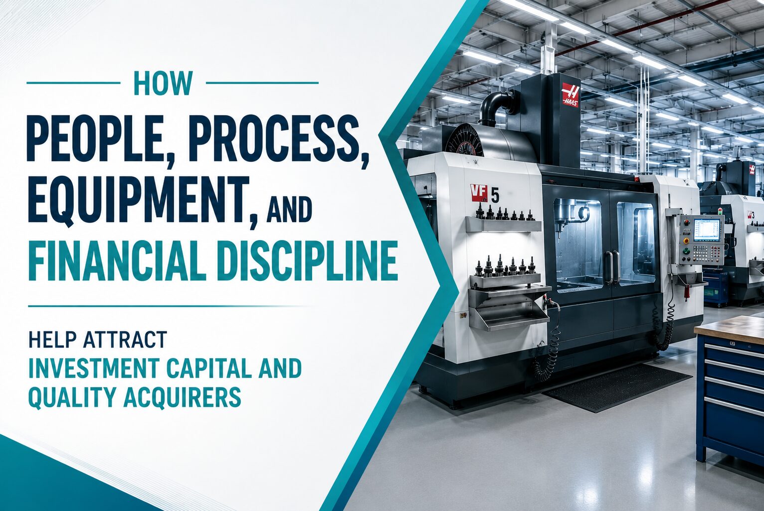 CNC machining center in a clean, modern manufacturing facility, illustrating how people, process, equipment and financial discipline attract investment capital and quality acquirers.