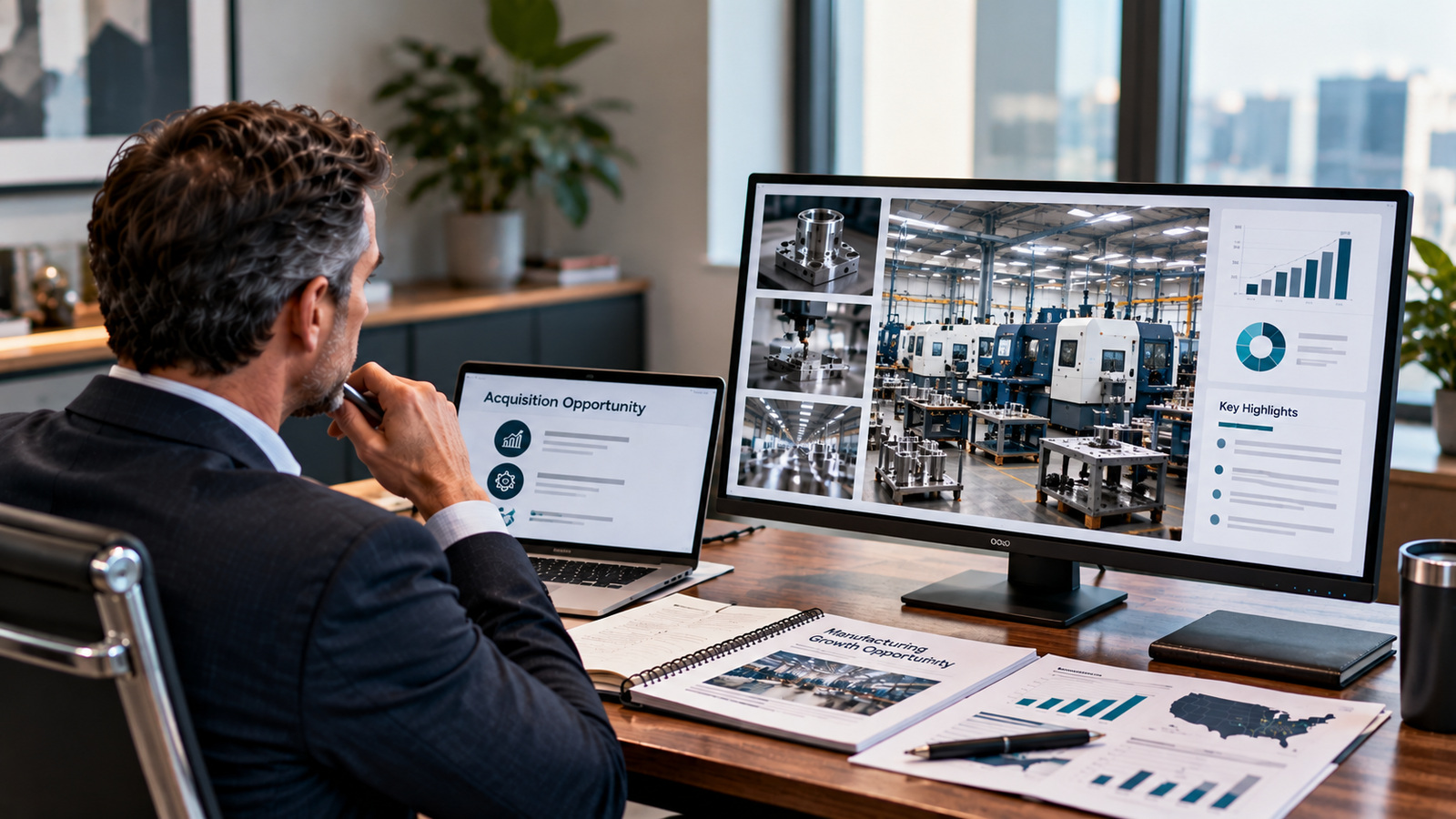 Private equity investor reviewing manufacturing companies, financial data and factory operations to identify potential acquisition targets.