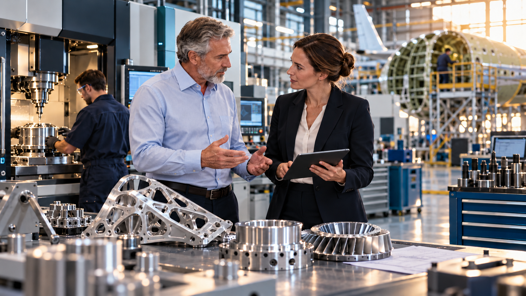 Manufacturing owner and M&A advisor discussing a company sale beside precision aerospace components in a CNC facility.