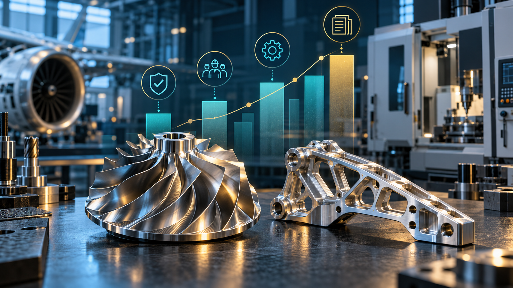 Precision aerospace components with illustrative charts and icons representing factors that influence M&A multiples.