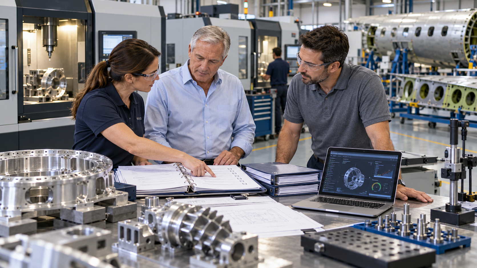 Aerospace manufacturing owner and management team reviewing quality records and operational readiness before selling the company.