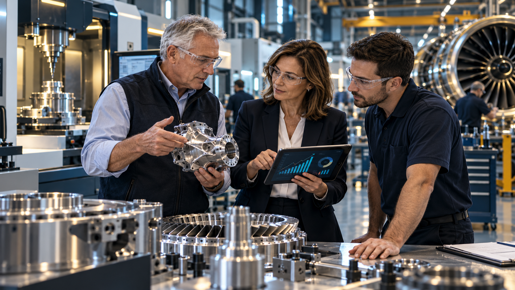 Business owner, M&A advisor and plant manager reviewing a machined aerospace component and a valuation chart on a tablet.