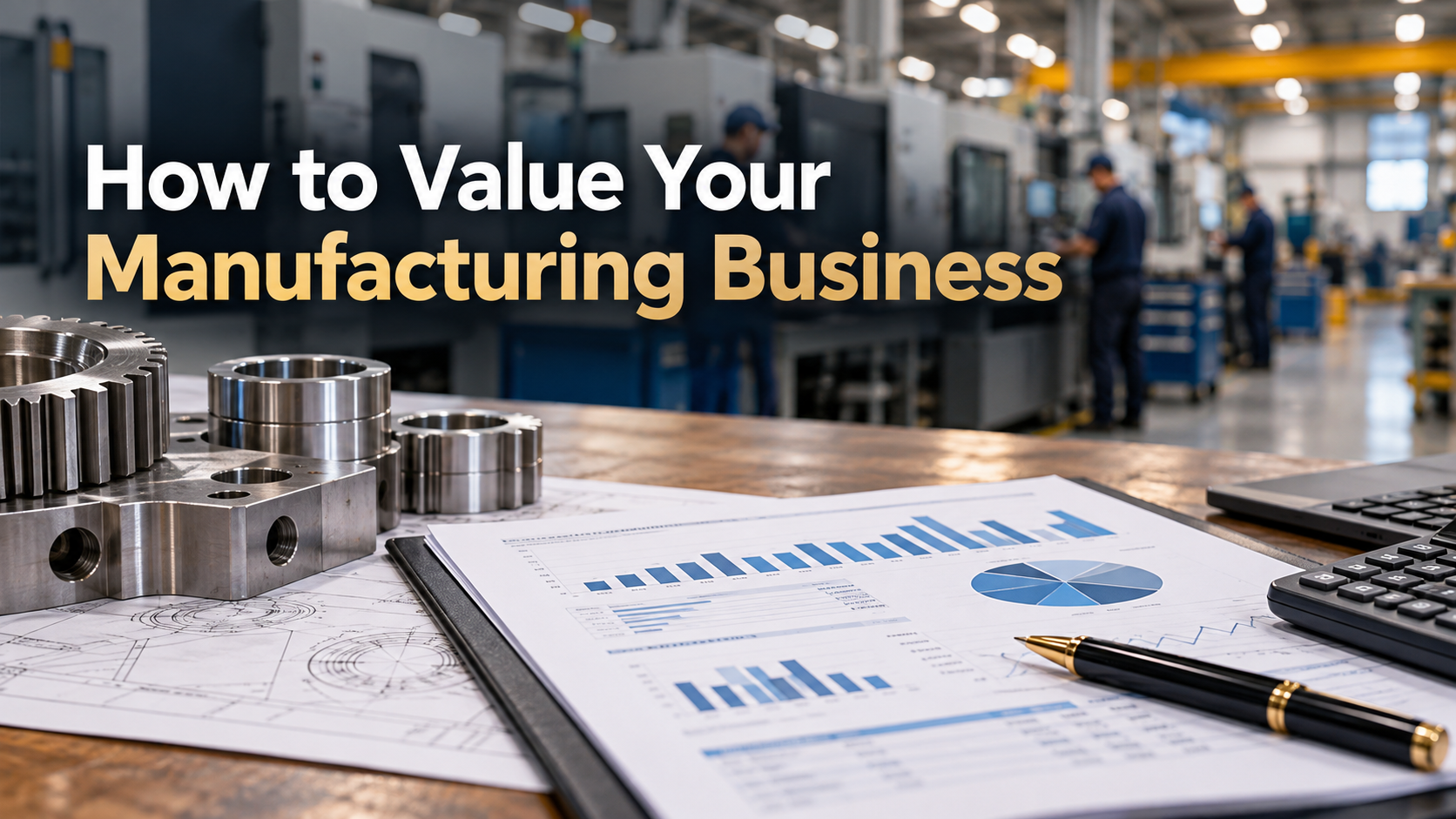 Precision-machined components and financial charts illustrating how to value a manufacturing business using earnings, assets, and financial performance.