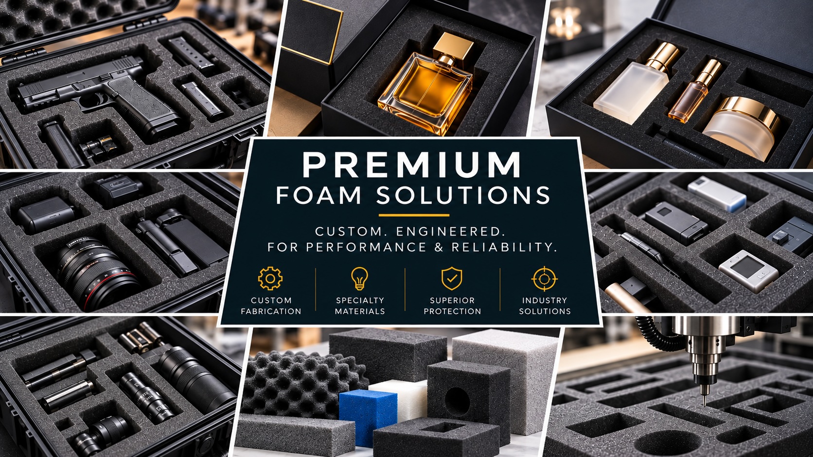 Custom-engineered protective foam inserts for firearms, electronics, cameras, luxury packaging, and industrial applications, showcasing precision-cut foam solutions.