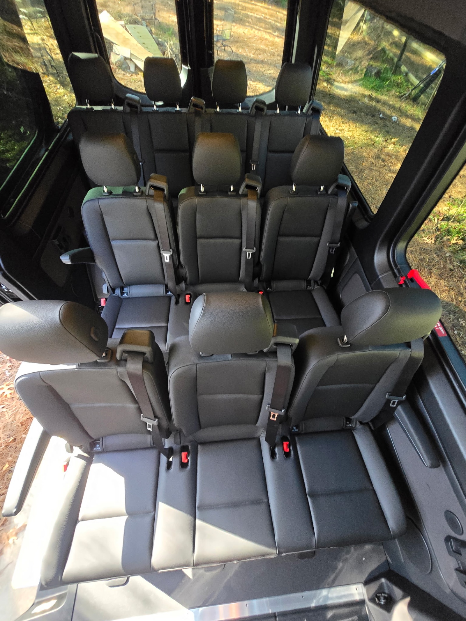 Interior seating in an Appalachian Motorcoach Mercedes-Benz Sprinter wedding shuttle