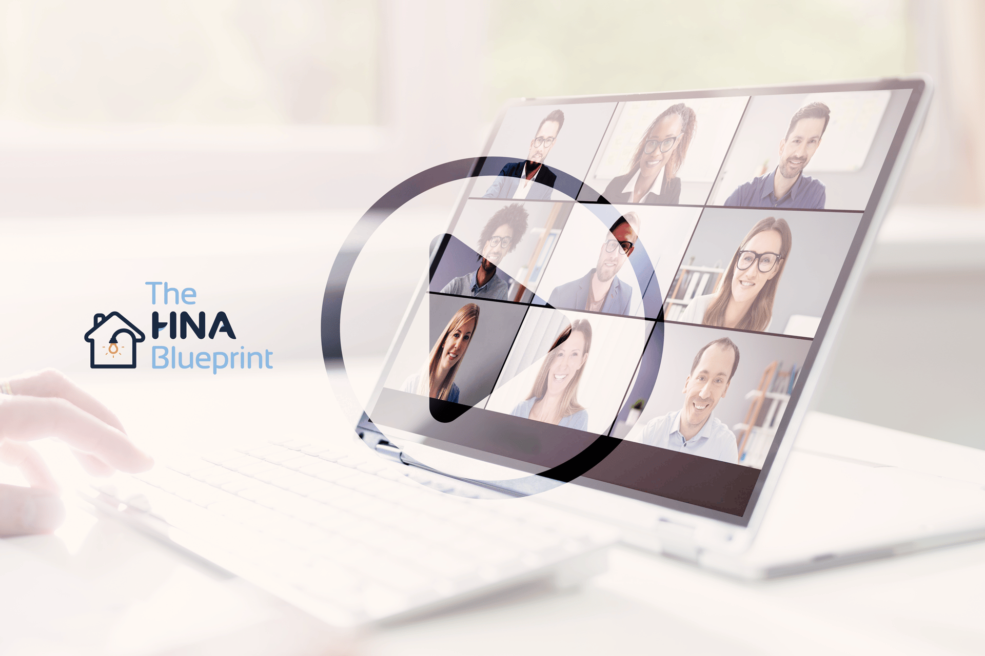 Laptop displaying a video call with multiple participants, alongside The HNA Blueprint logo