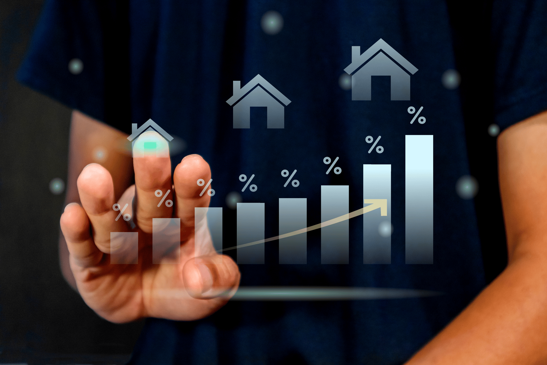 Hand interacting with a digital chart showing rising housing values with house icons and percentage symbols