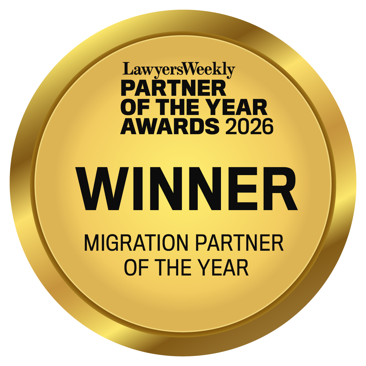 Gold medal for Lawyers Weekly Partner of the Year Awards 2026, winner for Migration Partner of the Year.