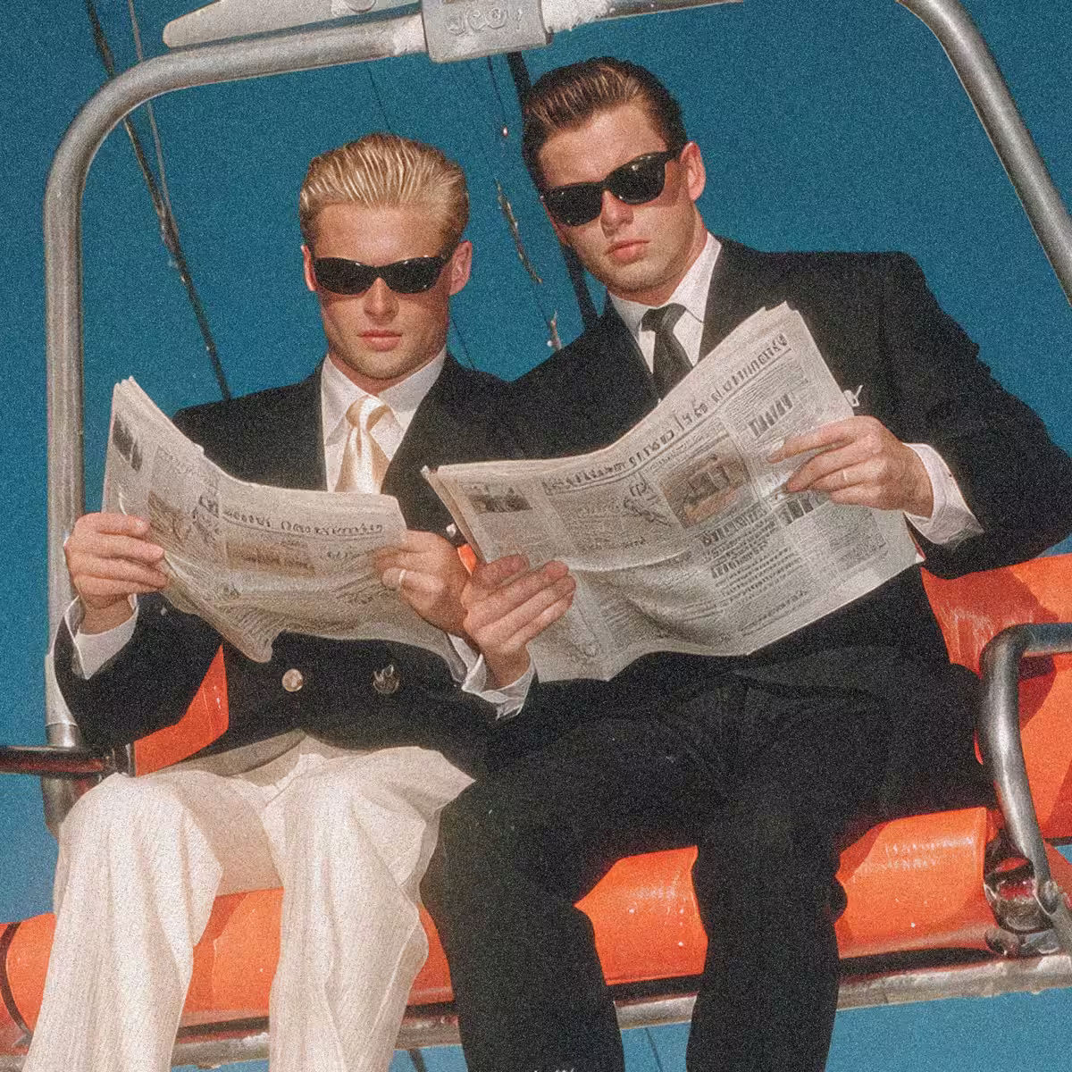 Two men in suits and sunglasses sitting on an orange chairlift reading newspapers against a blue sky.
