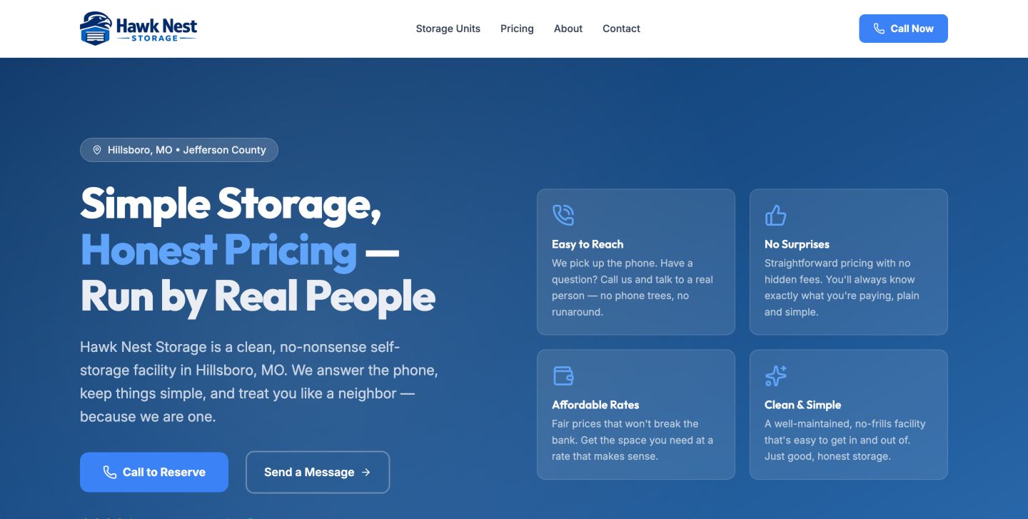 Hawk Nest Storage website preview