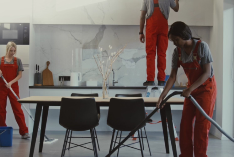Instagram post: suited Dustora cleaners vacuuming a living room