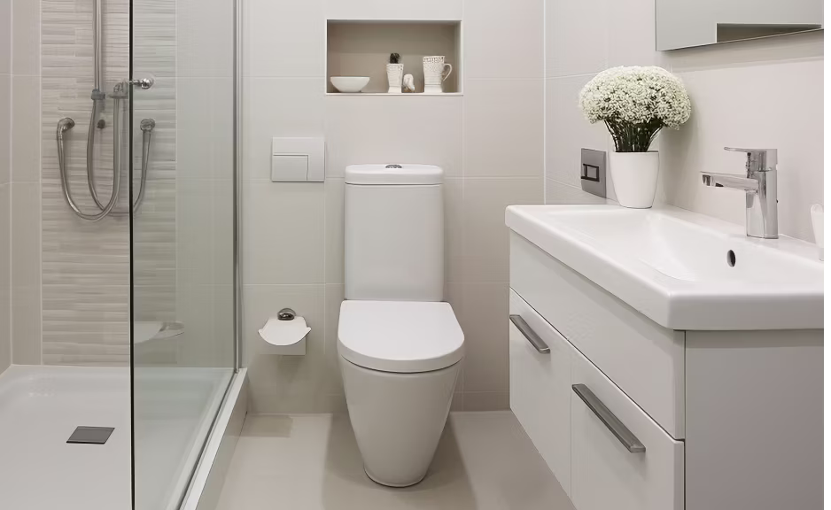 Cleaner disinfecting a washroom sink and mirror