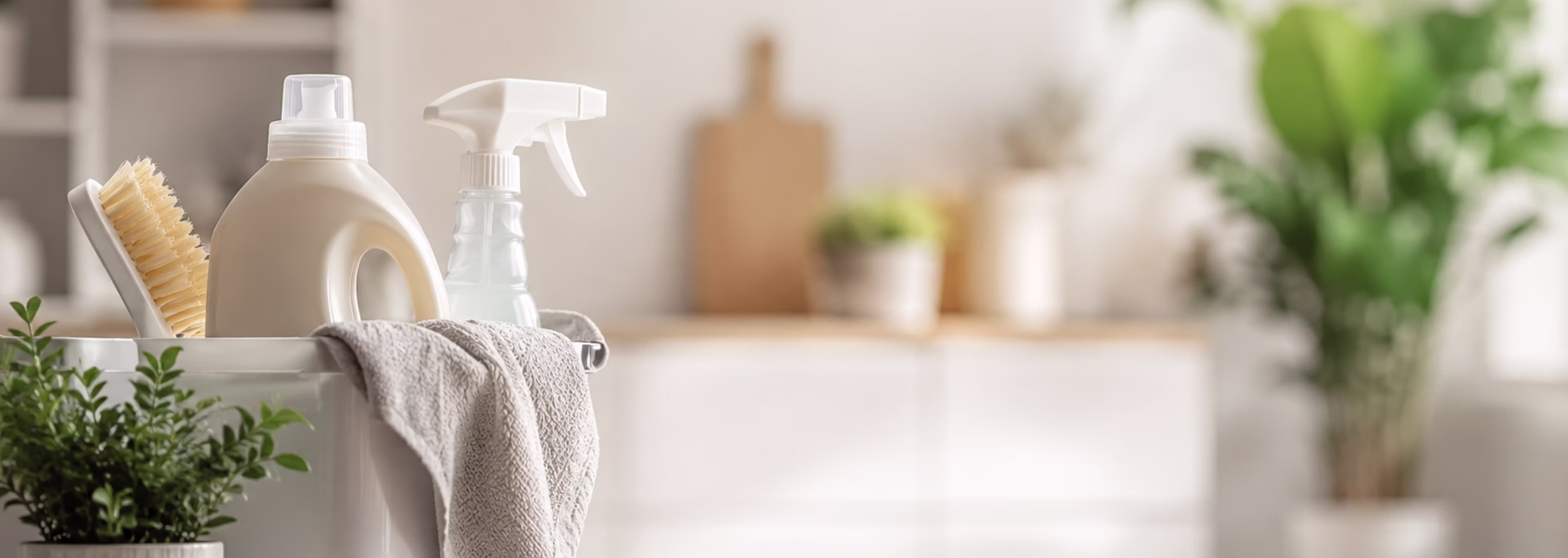 Cleaning supplies and spray bottle on a bathroom counter