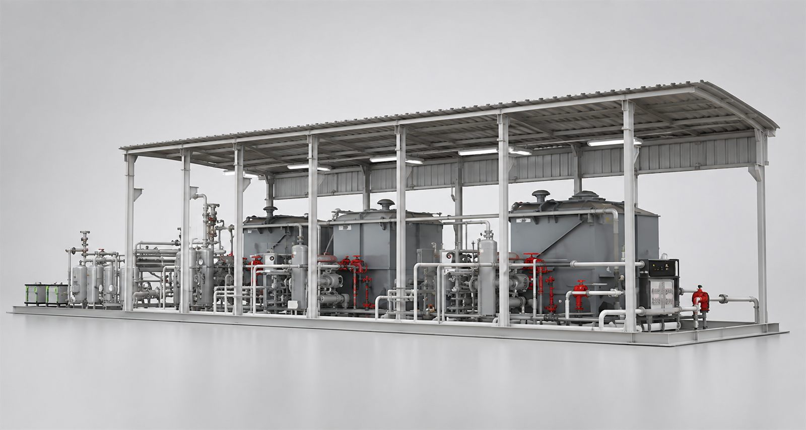 Canopy-covered skid with tanks, vessels, pumps and piping