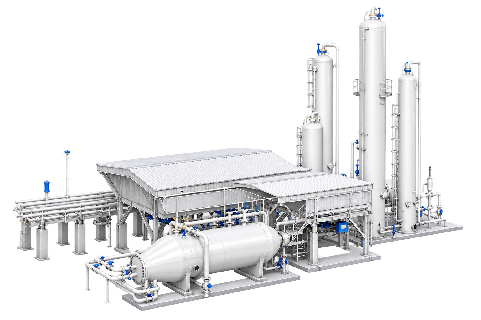 Technical render of a SPEC modular process system — separation vessel, pipe rack, sheltered skids and vertical process columns.