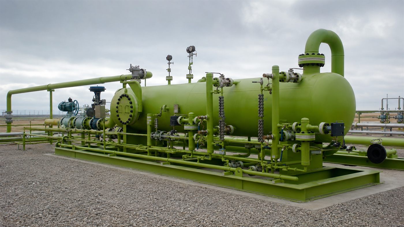 Illustrative render of a skid-mounted three-phase separator