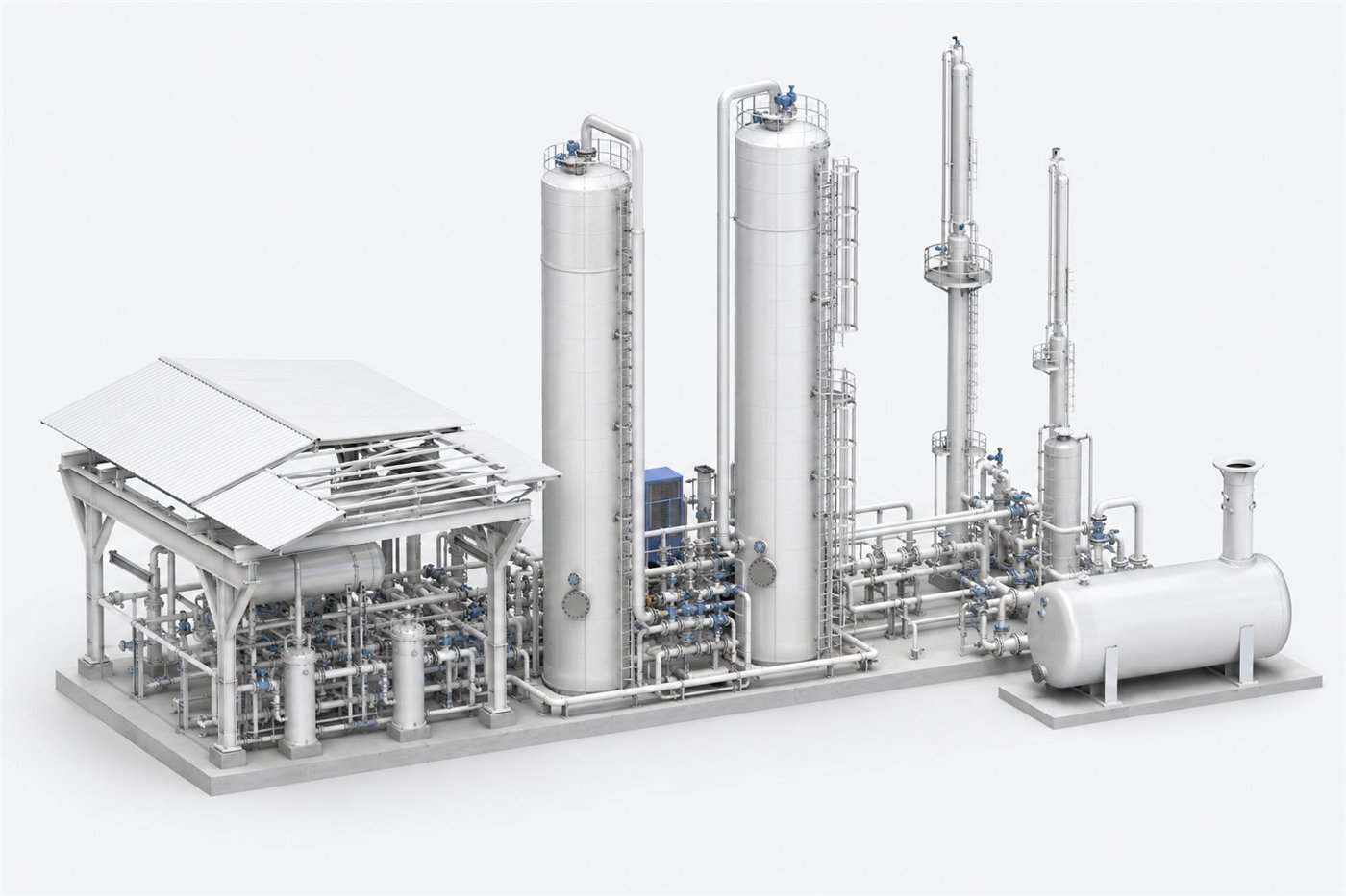 Process train with vertical adsorber and recovery columns