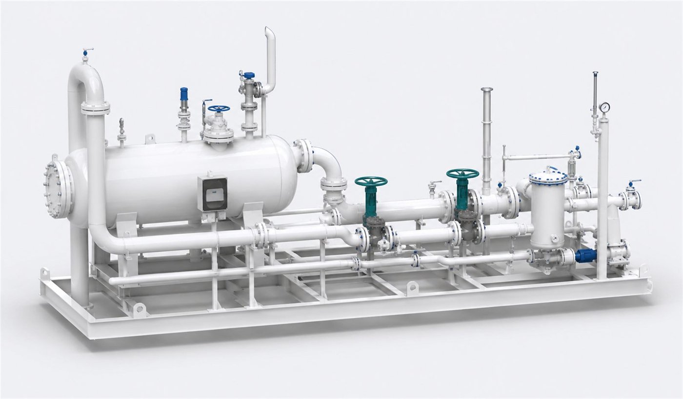Horizontal treatment vessel with interconnecting piping and valves