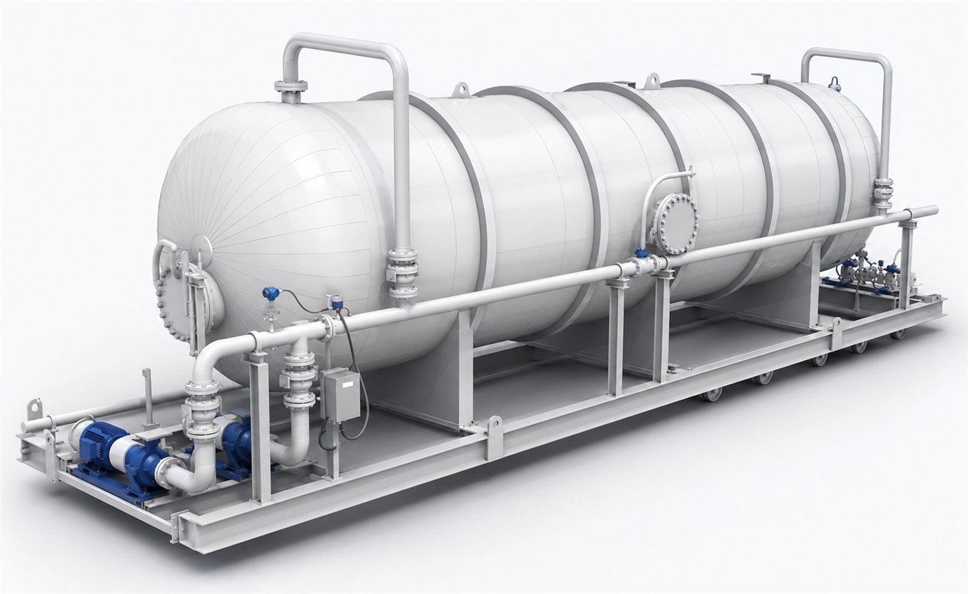 Produced water treatment vessel on its skid with transfer pumps