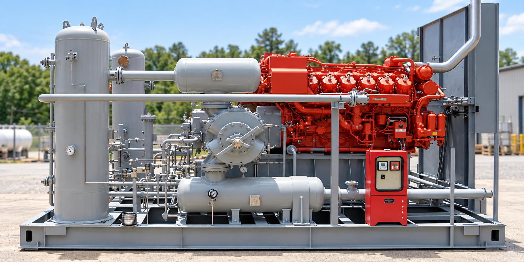 Skid-mounted gas compressor package with engine driver, cooler and control panel