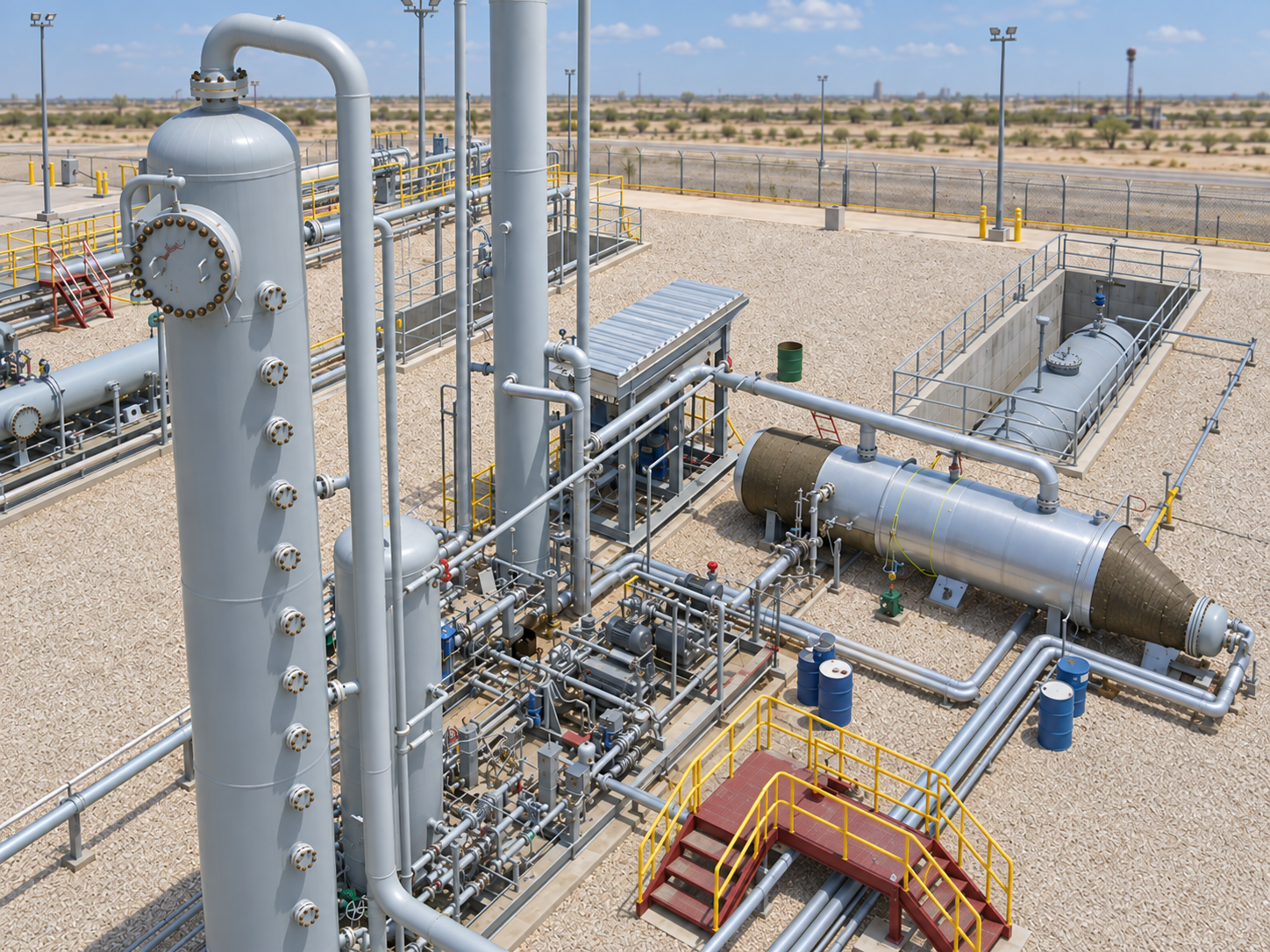 Amine sweetening system arrangement: absorber and stripper columns, rich/lean exchanger and two-level access platform on a single skid