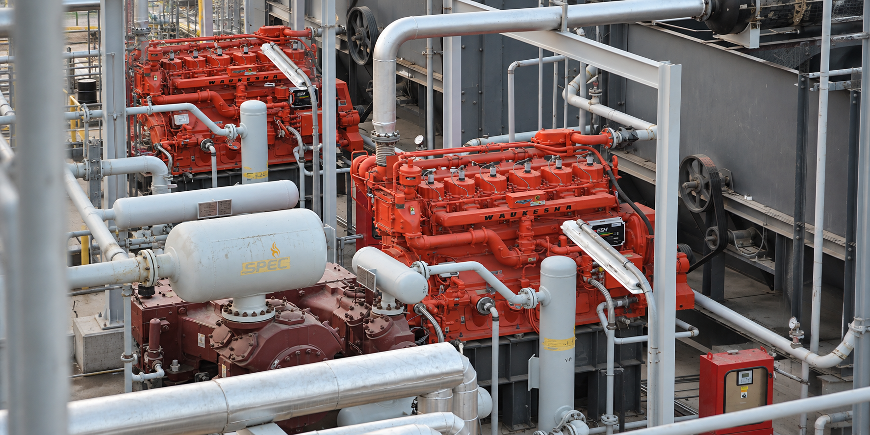 Illustrative render of a skid-mounted reciprocating compressor package
