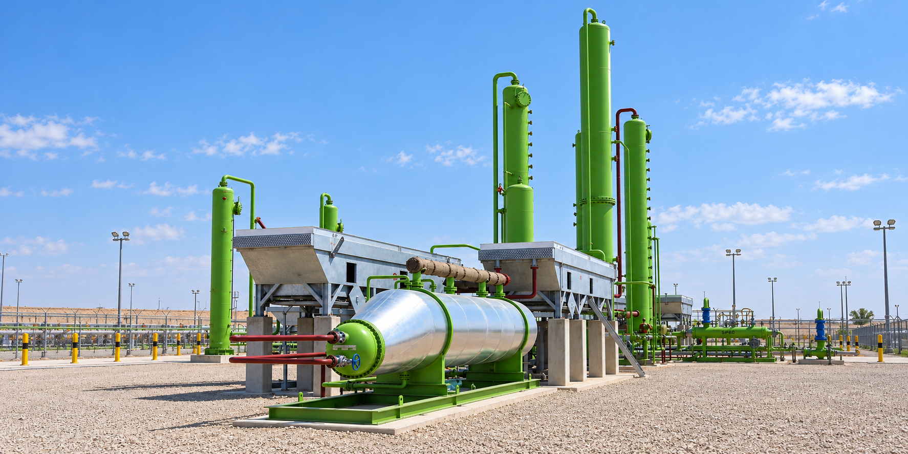 Skid-mounted amine sweetening system: contactor and regenerator columns, clad reboiler and air-cooled exchangers on a single structural base