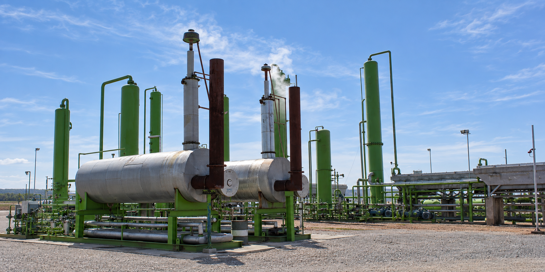 Skid-mounted TEG glycol dehydration unit: contactor column with top platform, clad reboiler, glycol circulation pump and filters on a single base frame