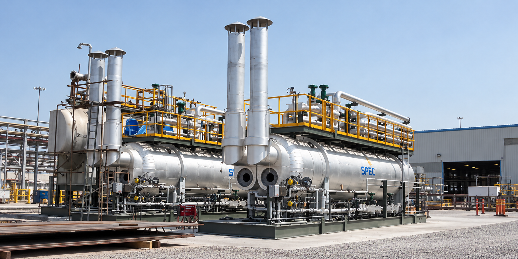 Horizontal electrostatic treater and desalter with transformer housings, firetube heating section and skid-mounted controls
