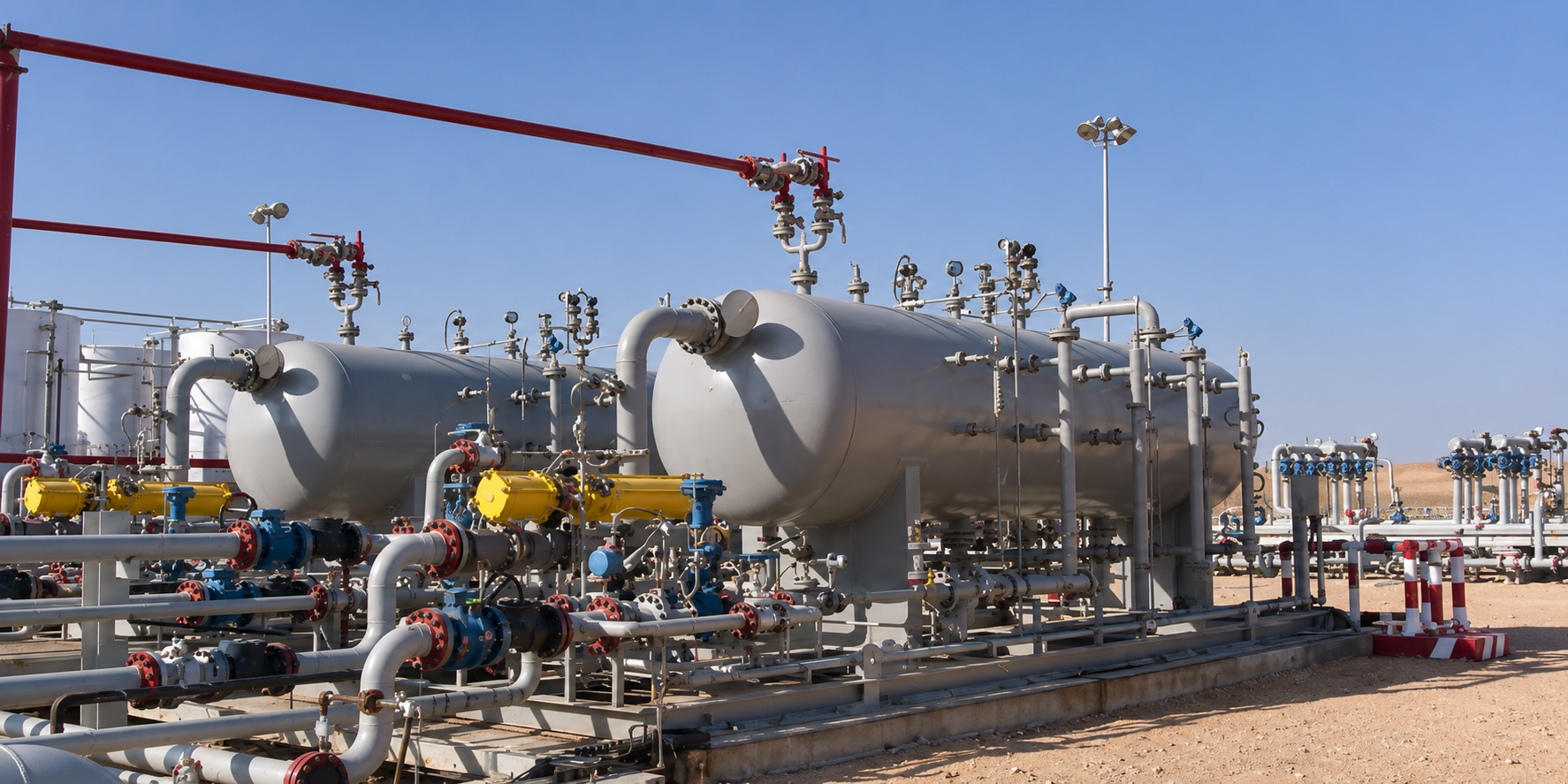 Illustrative render of a horizontal three-phase separator