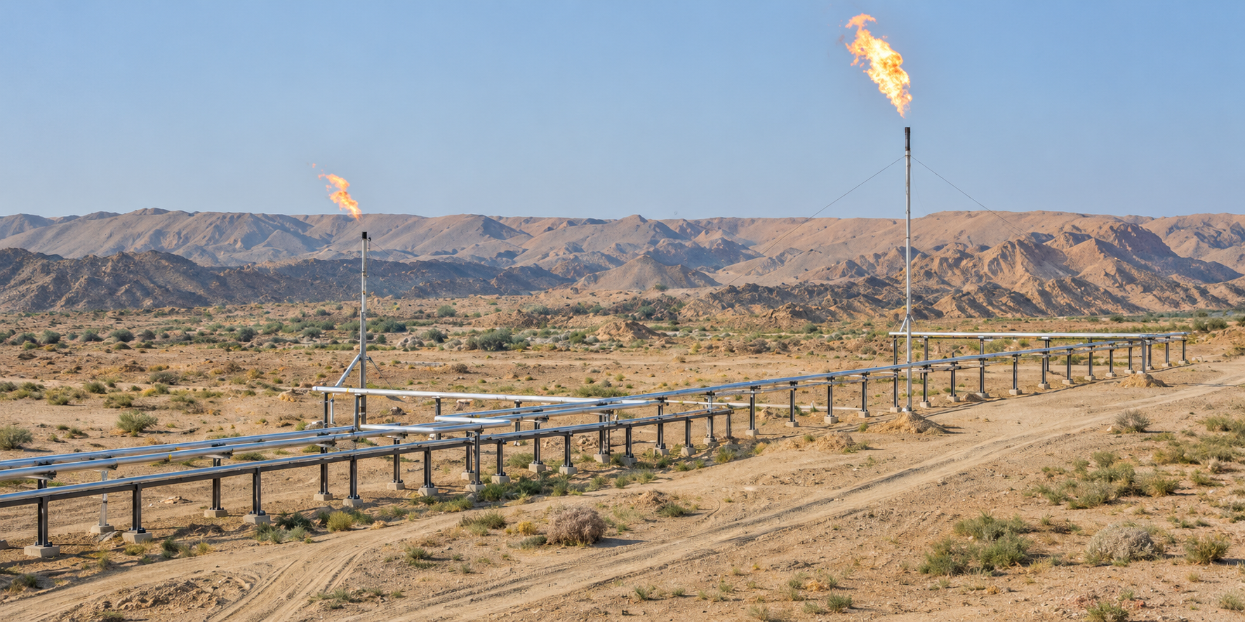 Pipelines and a flare stack at a desert oil and gas field