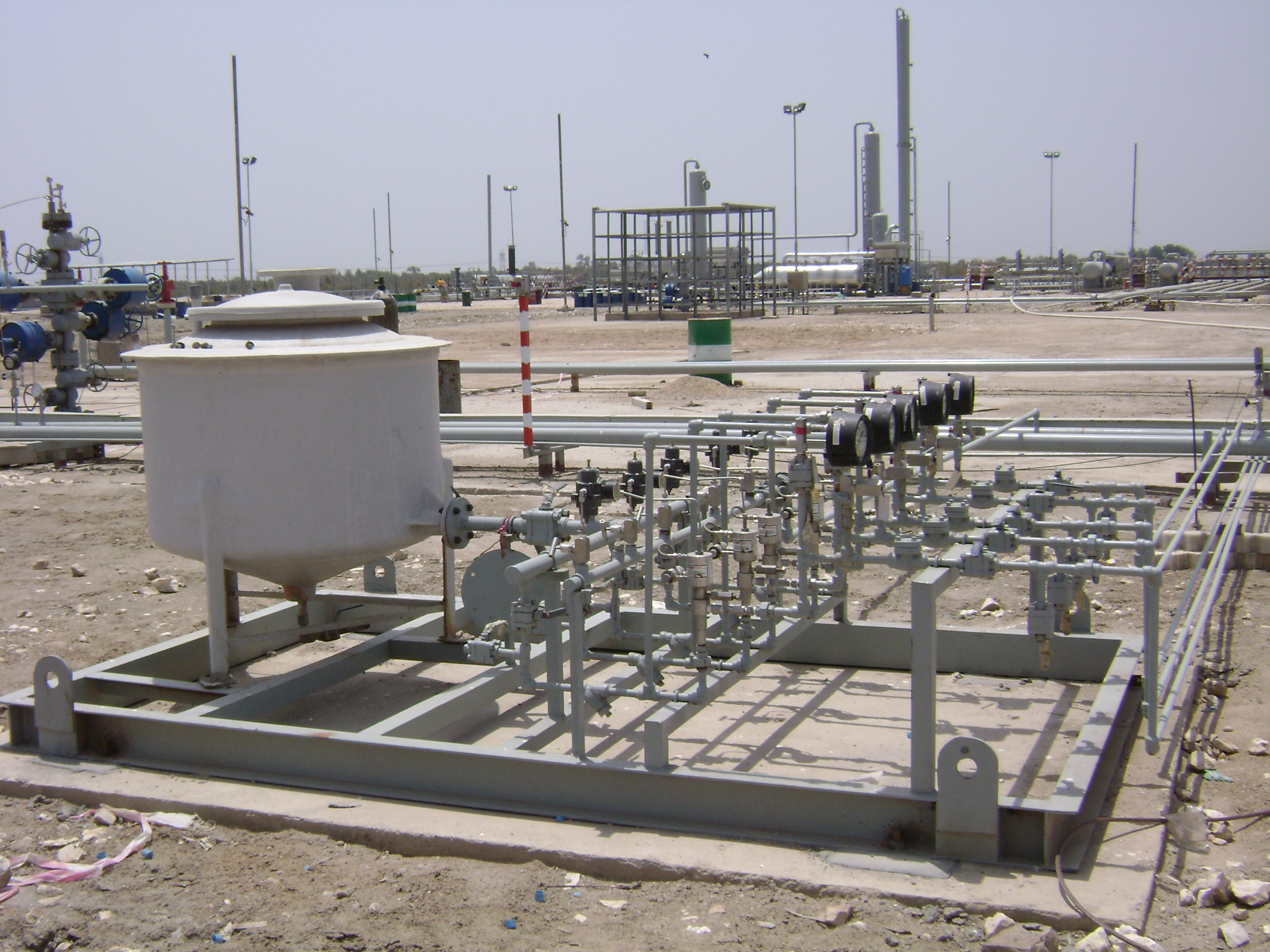 Chemical injection skid with dosing pumps and tank