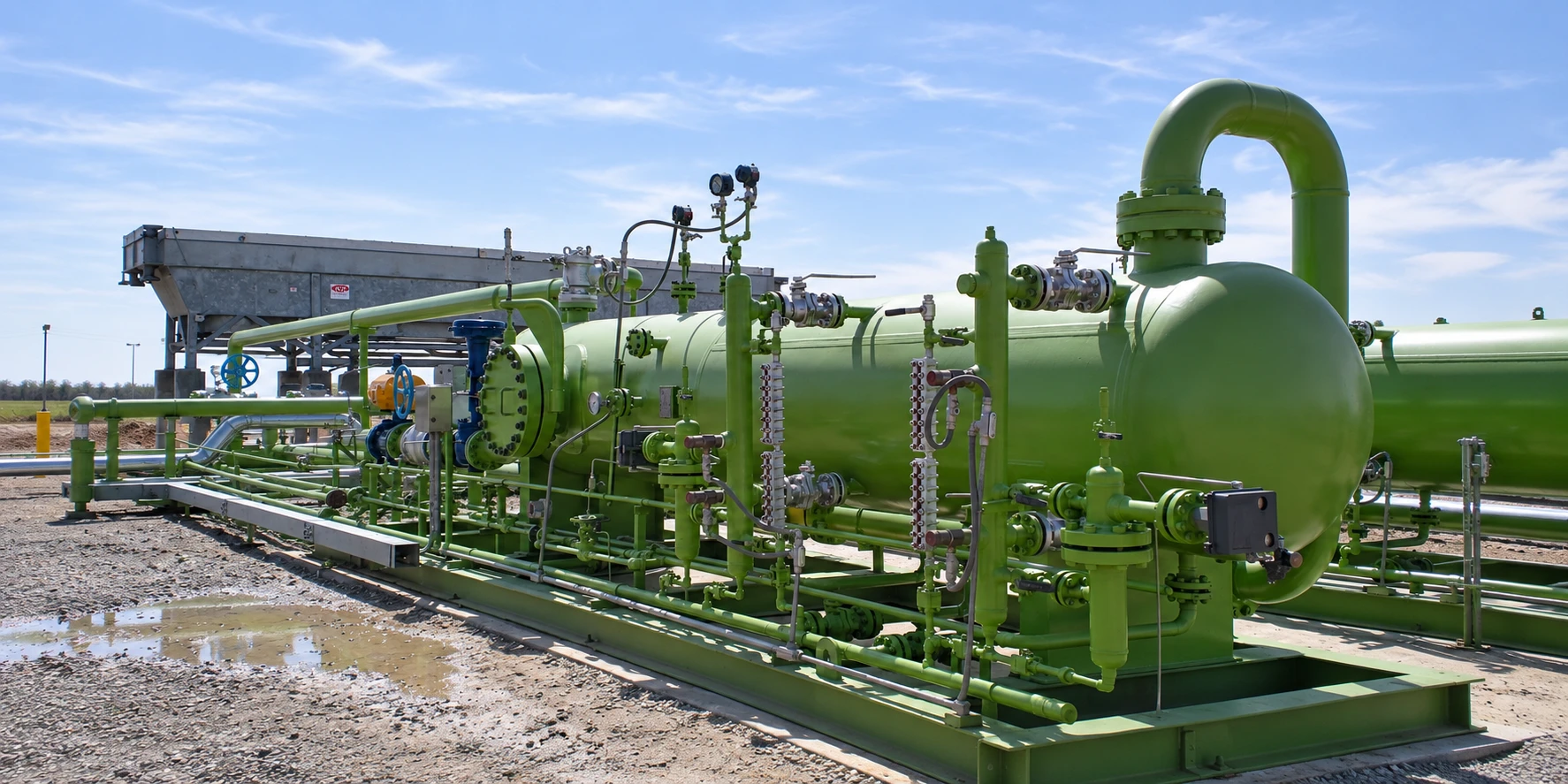 Skid-mounted separator with level gauge columns, control valve and inlet manifold