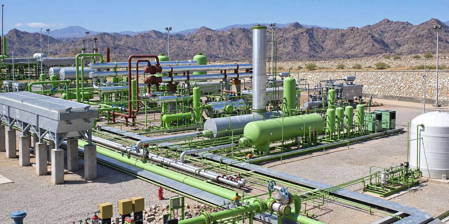 Gas processing facility with recovery column, exchangers and air cooler bank