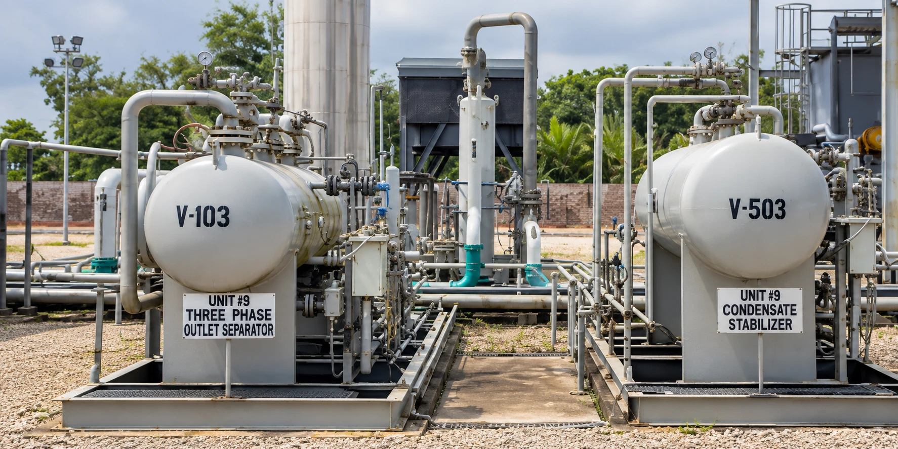 Three-phase outlet separator and condensate stabilizer vessels on their skids