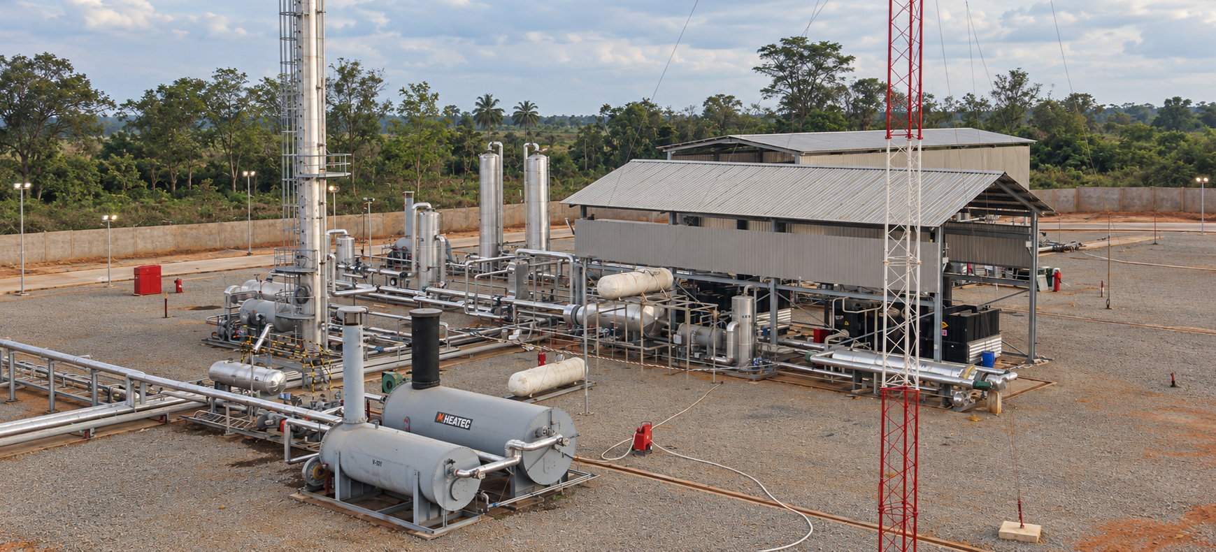 Illustrative render of a process column with reboiler and access platforms