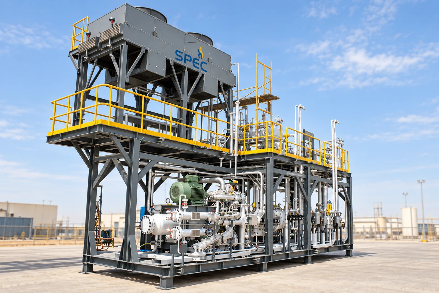 Two-level process module with air cooler, access platforms and pumps on a single structural skid