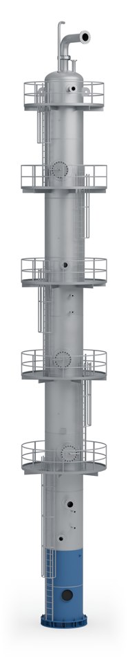 3D render of a tall process column with five platforms, caged ladders and manways