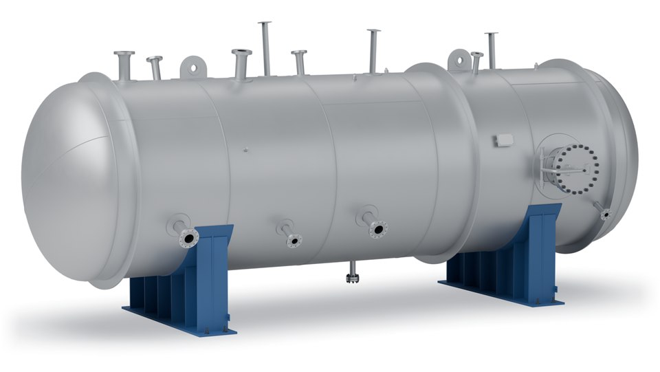 3D render of a horizontal pressure vessel on two saddles with nozzles and a side manway
