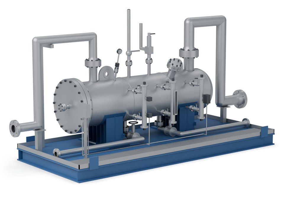 3D render of a horizontal separator on a skid with inlet and outlet piping, level bridles and instruments