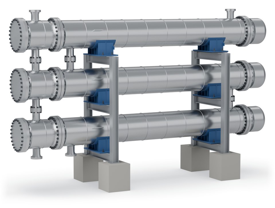 3D render of three stacked shell and tube heat exchangers on a steel support frame