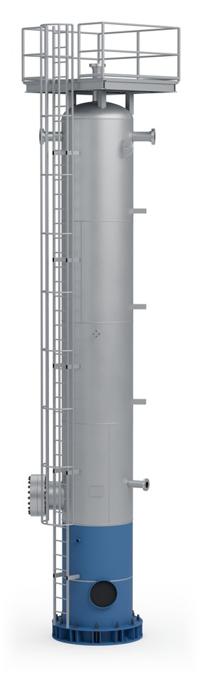 3D render of a vertical pressure vessel on a skirt with a caged ladder and top platform
