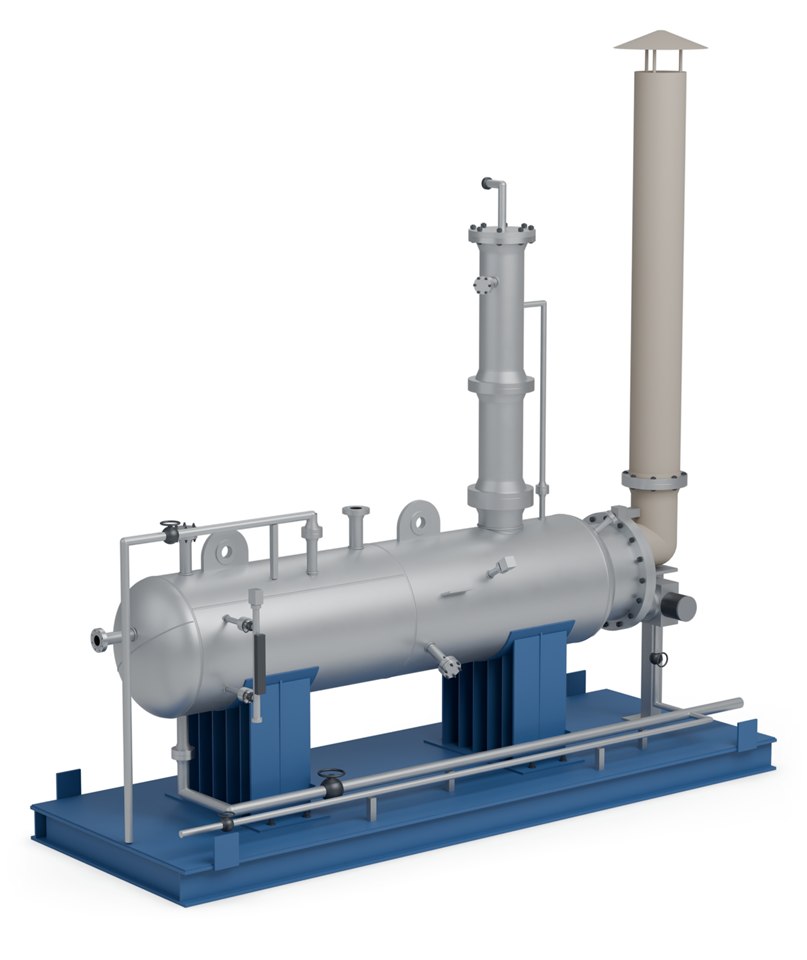 3D render of a reboiler on a skid with a still column and an exhaust stack