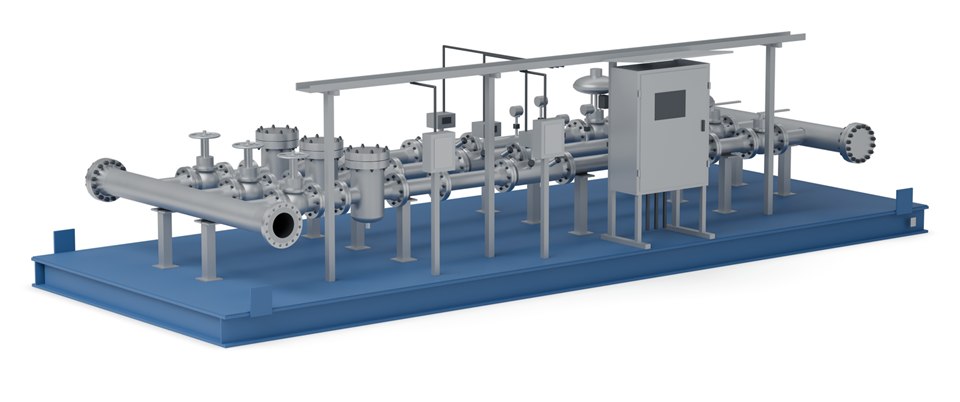 3D render of a three-run metering skid with valves, strainers, flow meters and a cabinet