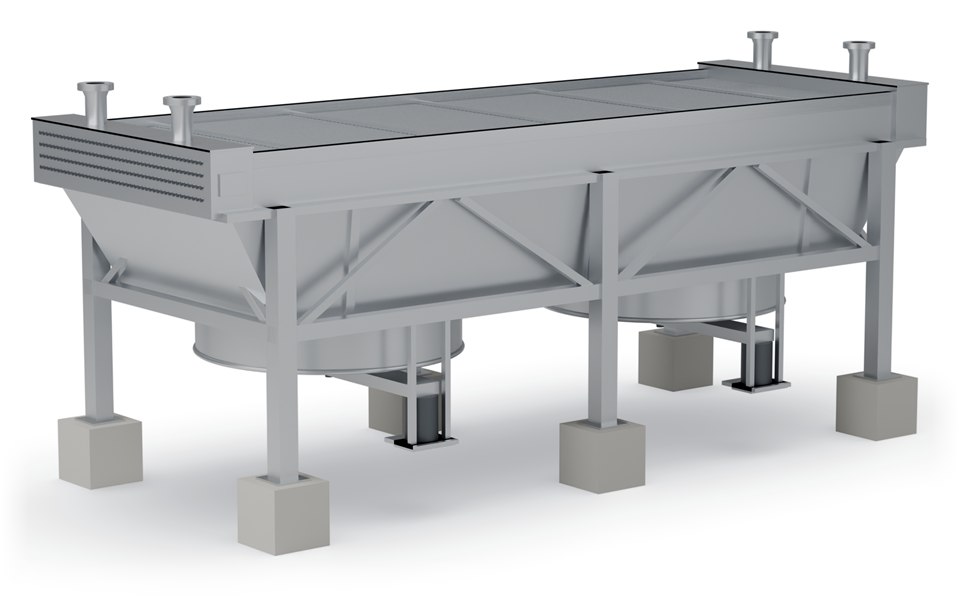 3D render of an air-cooled exchanger bay with two fans on a steel support structure