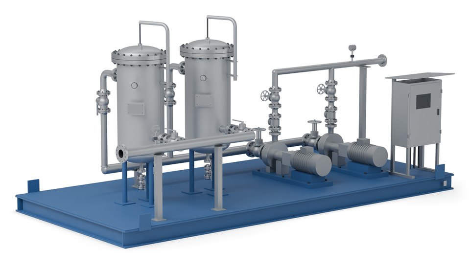 3D render of a process skid with two filter vessels, two pumps, valves and a control cabinet